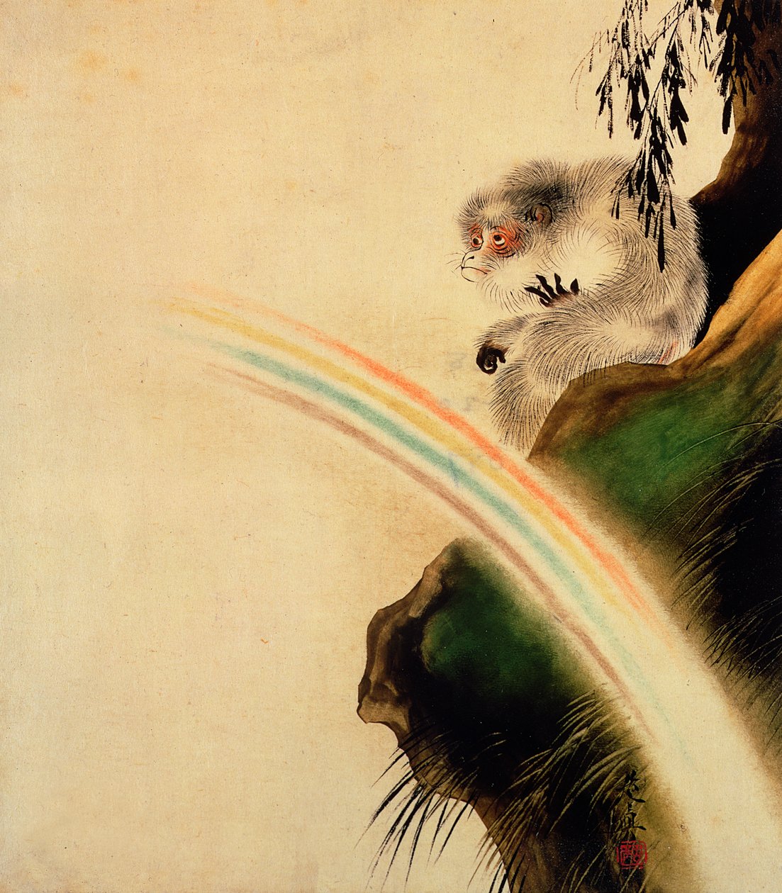 Gibbon sziklán ül, előtérben szivárvány (lakk a papíron) alkotó: Shibata Zeshin