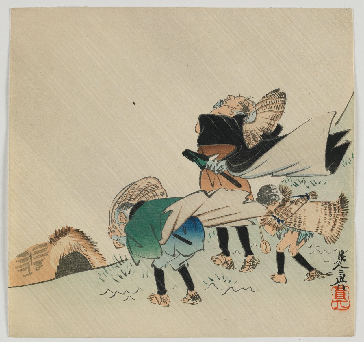 Három utazó, akit elkapott a szél, Meiji-korszak, 19. század vége (színes fatömbnyomat) alkotó: Shibata Zeshin