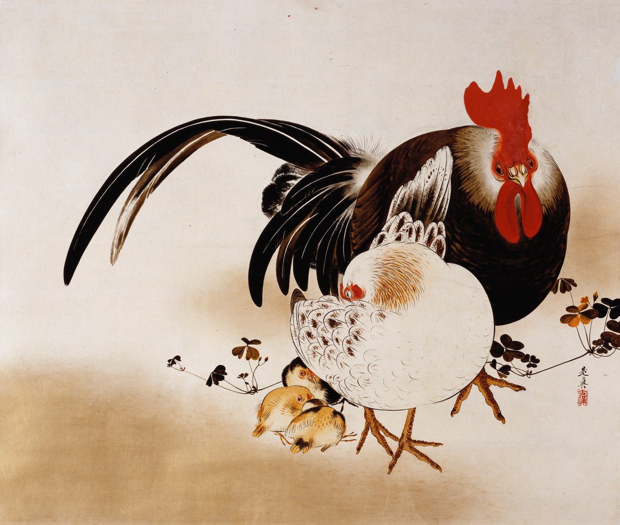 Kakas, Tyúk és csibék, 1892 alkotó: Shibata Zeshin