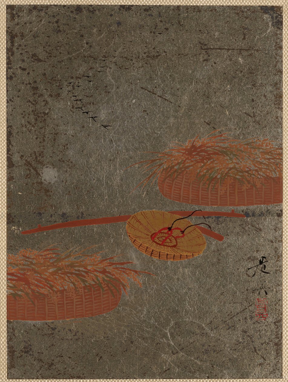 Virágkosarak és Farmers Hat, kb. 1880-as évek. alkotó: Shibata Zeshin