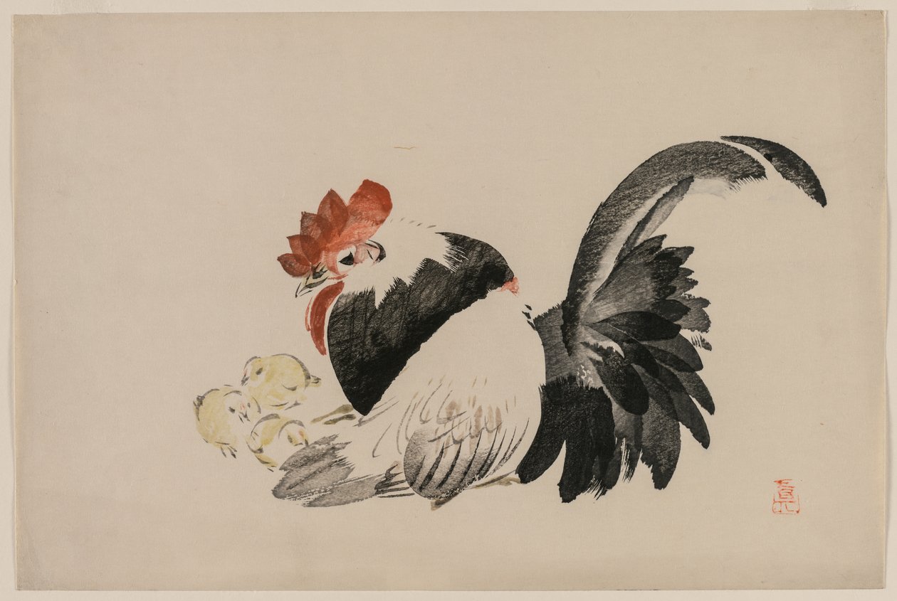 Kakas, tyúk és csibék, c. 1880-as évek. alkotó: Shibata Zeshin