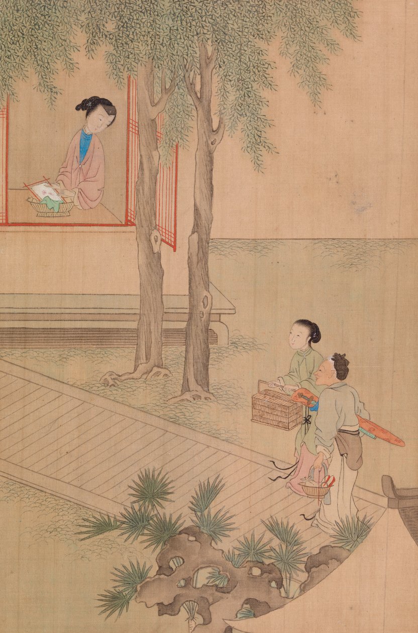 Két lány madárkalitkával és kosárral (tintával papíron) alkotó: Shih Fu Chuiu Ying Shih Fu Chuiu Ying