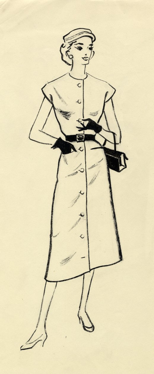 Nő öves ruhában, 1950. alkotó: Shirley Markham