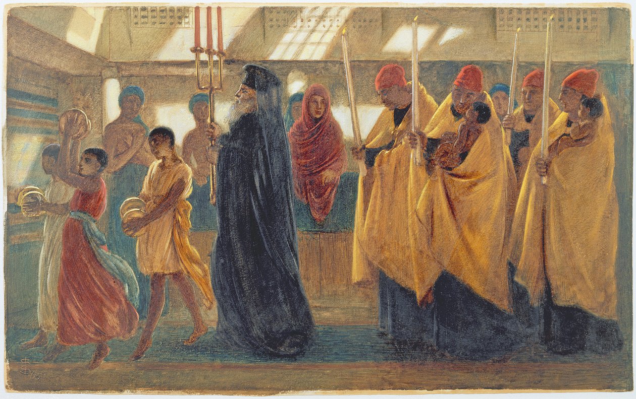Kopt keresztelői körmenet, 1865 (wc, gouache és gumiarábikum) alkotó: Simeon Solomon