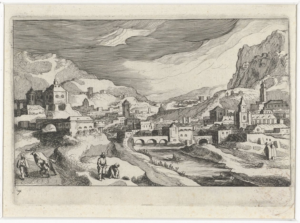Városkép a folyó völgyében Dél-európai tájak (sorozat címe) Topographia variarum regionum (sorozat címe) alkotó: Simon Frisius