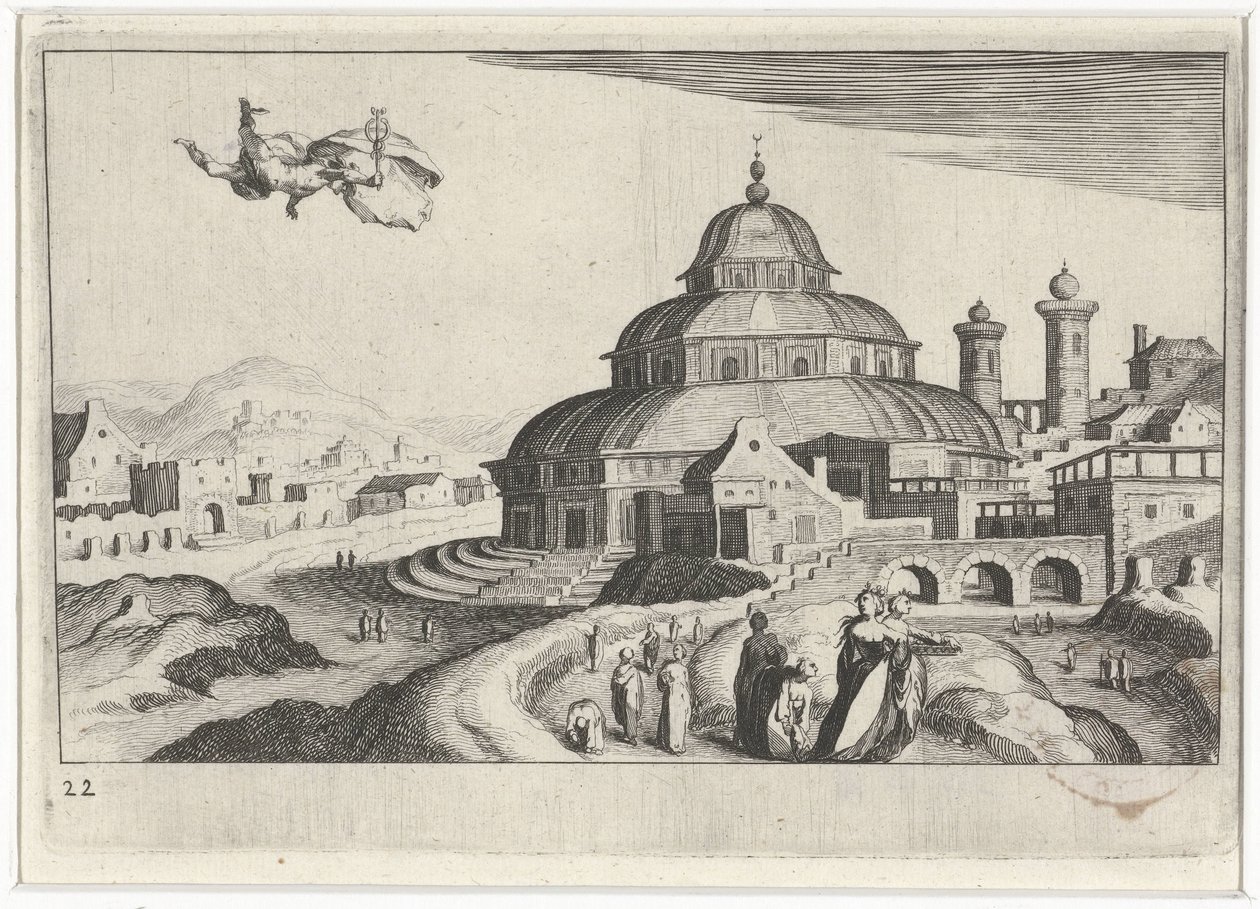 Városkép Merkúrral Dél-európai tájak (sorozat címe) Topographia variarum regionum (sorozat címe) alkotó: Simon Frisius