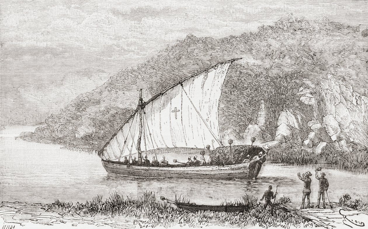 Egy dhow a Kongó folyón a 19. században, az 1888-ban kiadott "Africa Pintoresca" című könyvből. alkotó: Spanish School