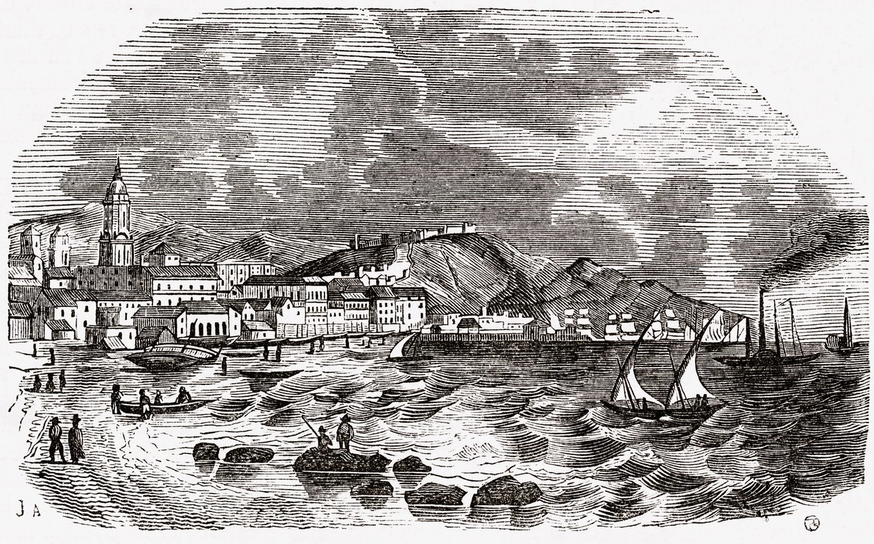 Malaga városa és kikötője, Spanyolország, 1800-as évek közepe alkotó: Spanish School