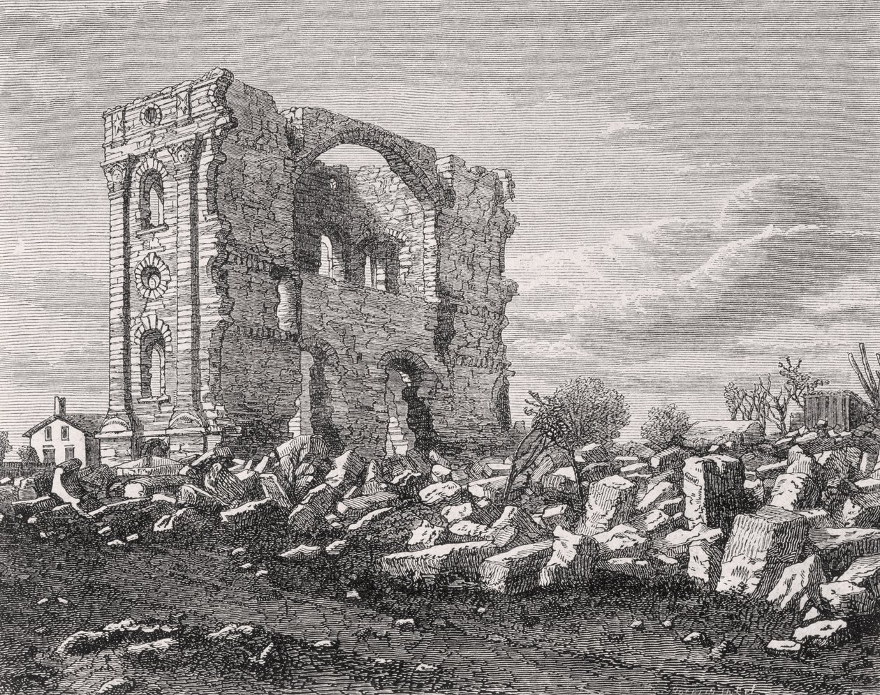 A mormon templom romjai, Nauvoo, Illinois, az 1850-es években, a „La Vuelta al Mundo”-ból, Madridban, 1865 alkotó: Spanish School