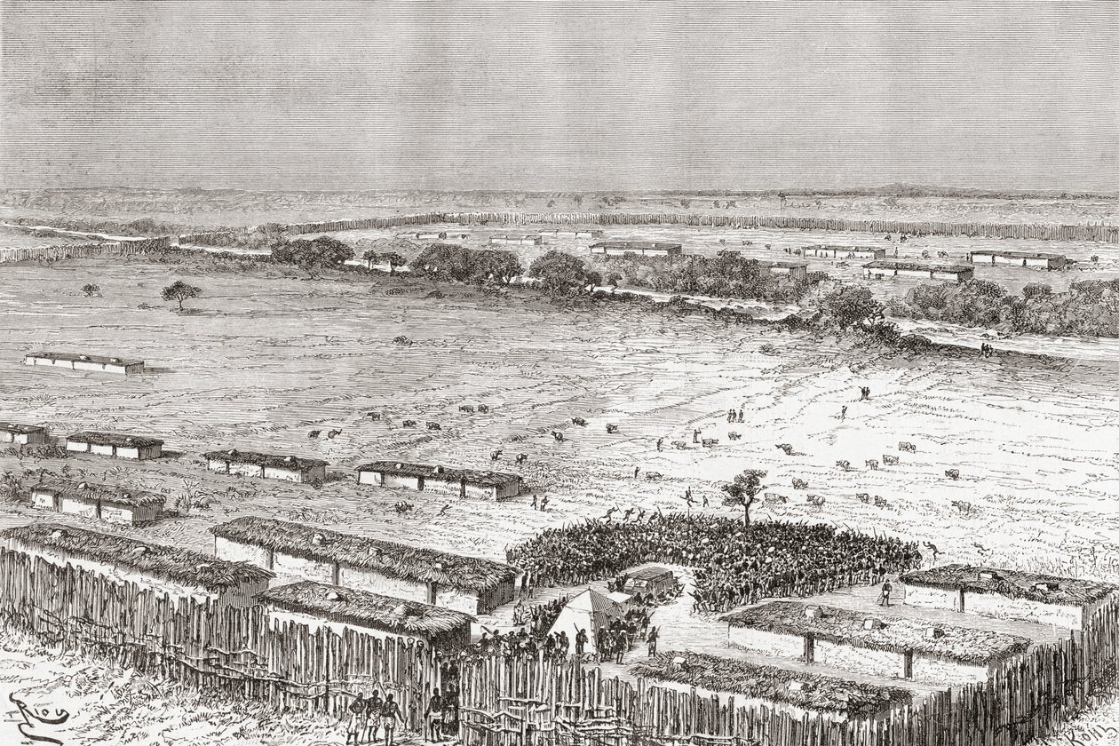 Uhehe fővárosa, Tanzánia, ahogyan a 19. század végén volt, az 1888-ban megjelent „Afrika Pintorescától” alkotó: Spanish School