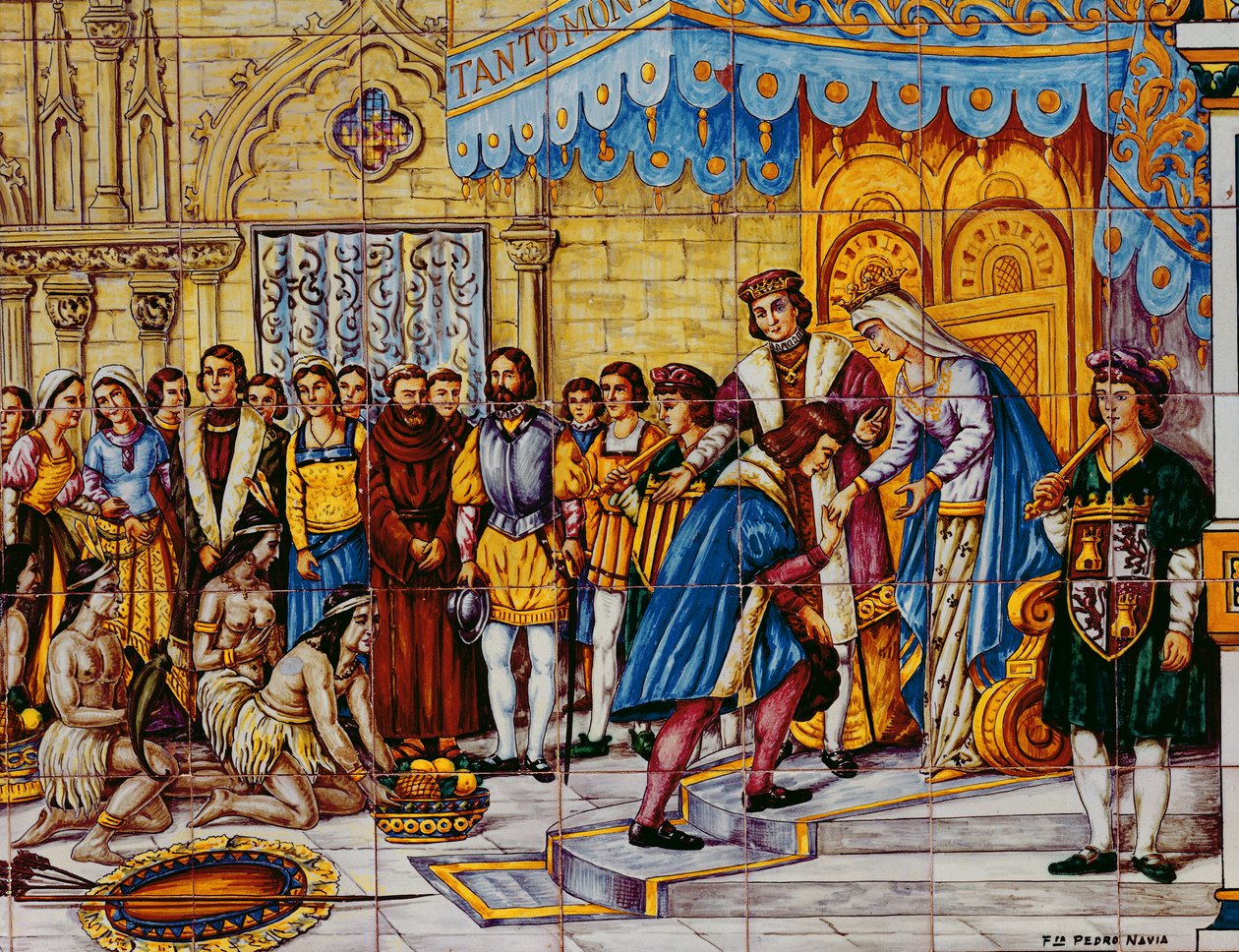 Csempék, amelyek Kolumbusz Kristóf katolikus királyok, Aragóniai Ferdinánd és Kasztíliai Izabella fogadását ábrázolják Barcelonában, amikor 1492-ben visszatért Amerikából alkotó: Spanish School