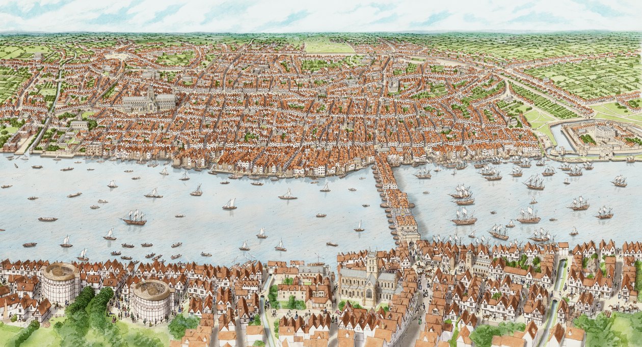 Jacobean London (gyerekek), 1603-1625 körül (tus és akvarell) alkotó: Stephen Conlin