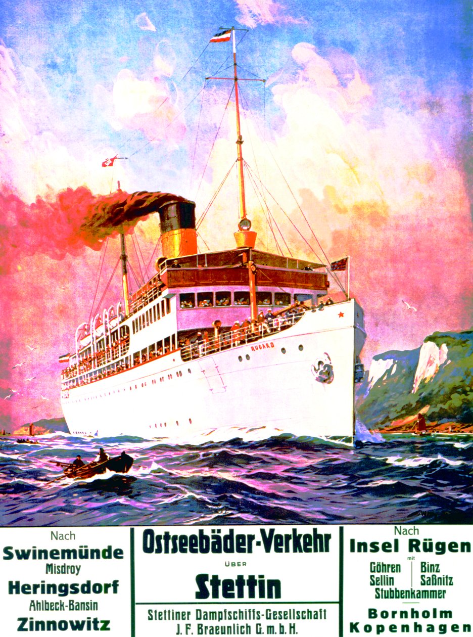 „East Sea Baths Transportation: Szczecin”, a Szczecini Gőzhajózási Társaságot reklámozó plakát, 1908 alkotó: Stoewer Willy