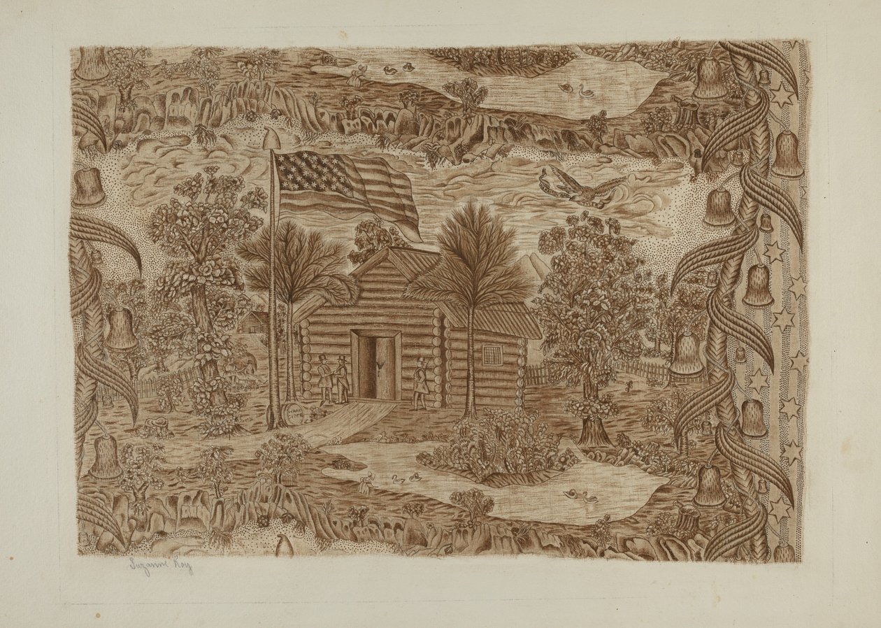 Történelmi nyomtatott textil, c. 1940. alkotó: Suzanne Roy