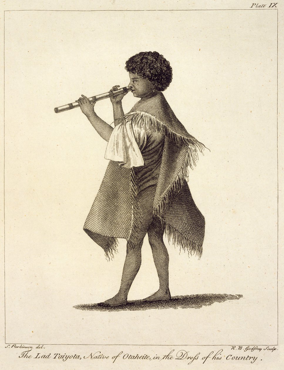 A Taiyota legény, Otaheite szülötte, hazája ruhájában, metszet: R.B. Godfrey, 9. tábla a "Journal of a Voyage to the South Seas" (Egy déltengeri utazás naplója) című kiadványból. 1823 alkotó: Sydney Parkinson