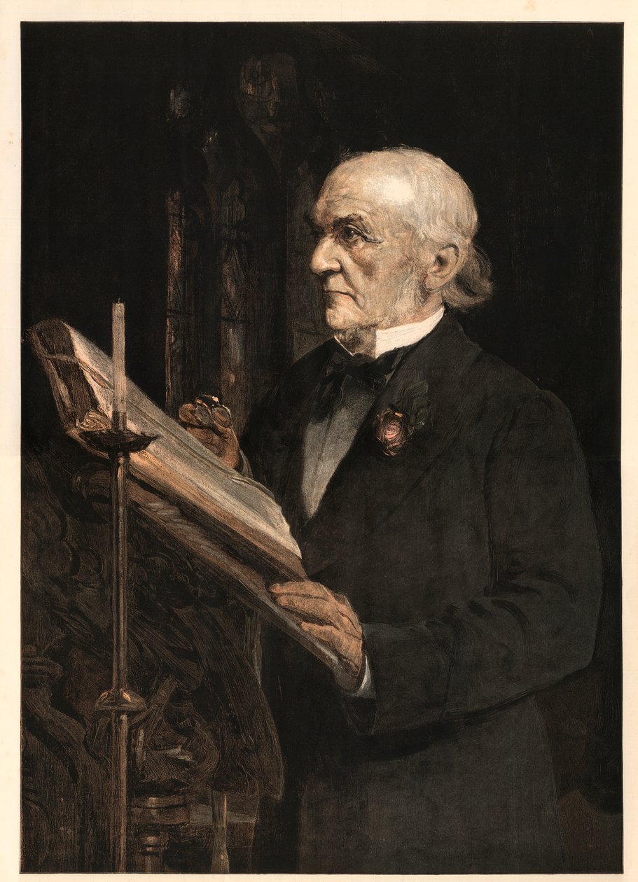William Ewart Gladstone (1809-1898) angol államférfi, felolvassa a Leckét a Hawarden templomban. alkotó: Sydney Prior after Hall