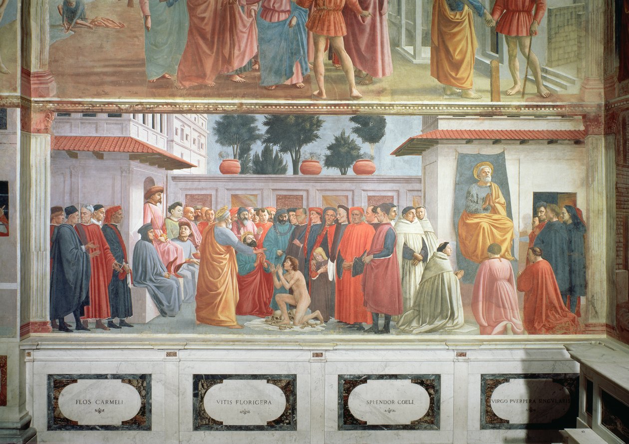Theophilus fiának, Antiochia királyának feltámasztása és Antiochia első püspökeként trónoló Szent Péter, 1427 és 1480 körül alkotó: Tommaso Masaccio