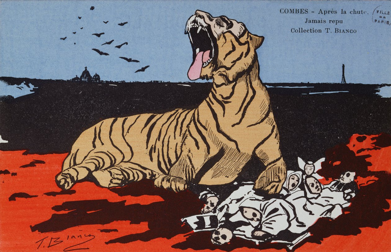 Justin-Louis-Emile Combes (1835-1921) karikatúrája, mint egy tigris, aki a klerikusokat eszi, a „l
