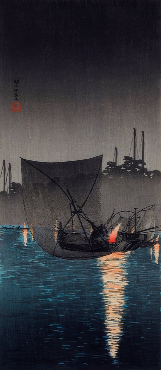 Tsukuda-sziget, halászhálók éjszaka alkotó: Takahashi Hiroaki