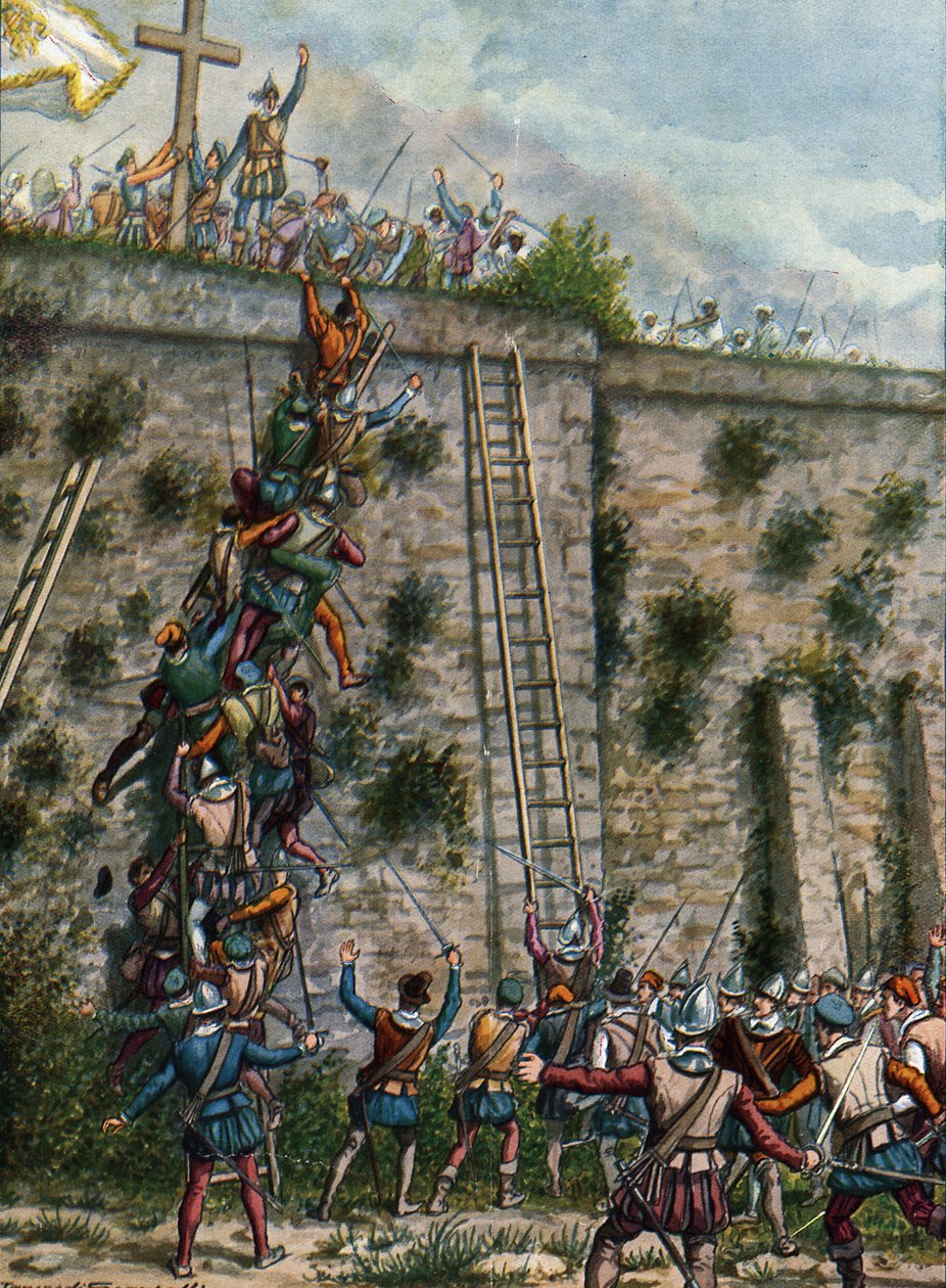 Afonso Albuquerque katonái megtámadják Adent 1513 februárjában, illusztráció a Navigátorok történetéből, 1936 alkotó: Tancredi Scarpelli