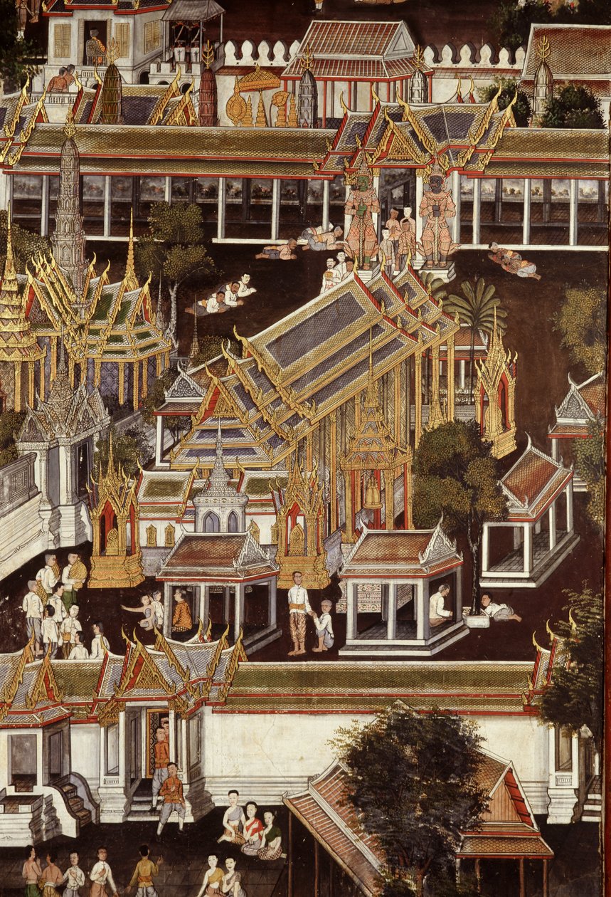 Részlet a Smaragd Buddha templomát ábrázoló falfestményről (falfestmény) alkotó: Thai School