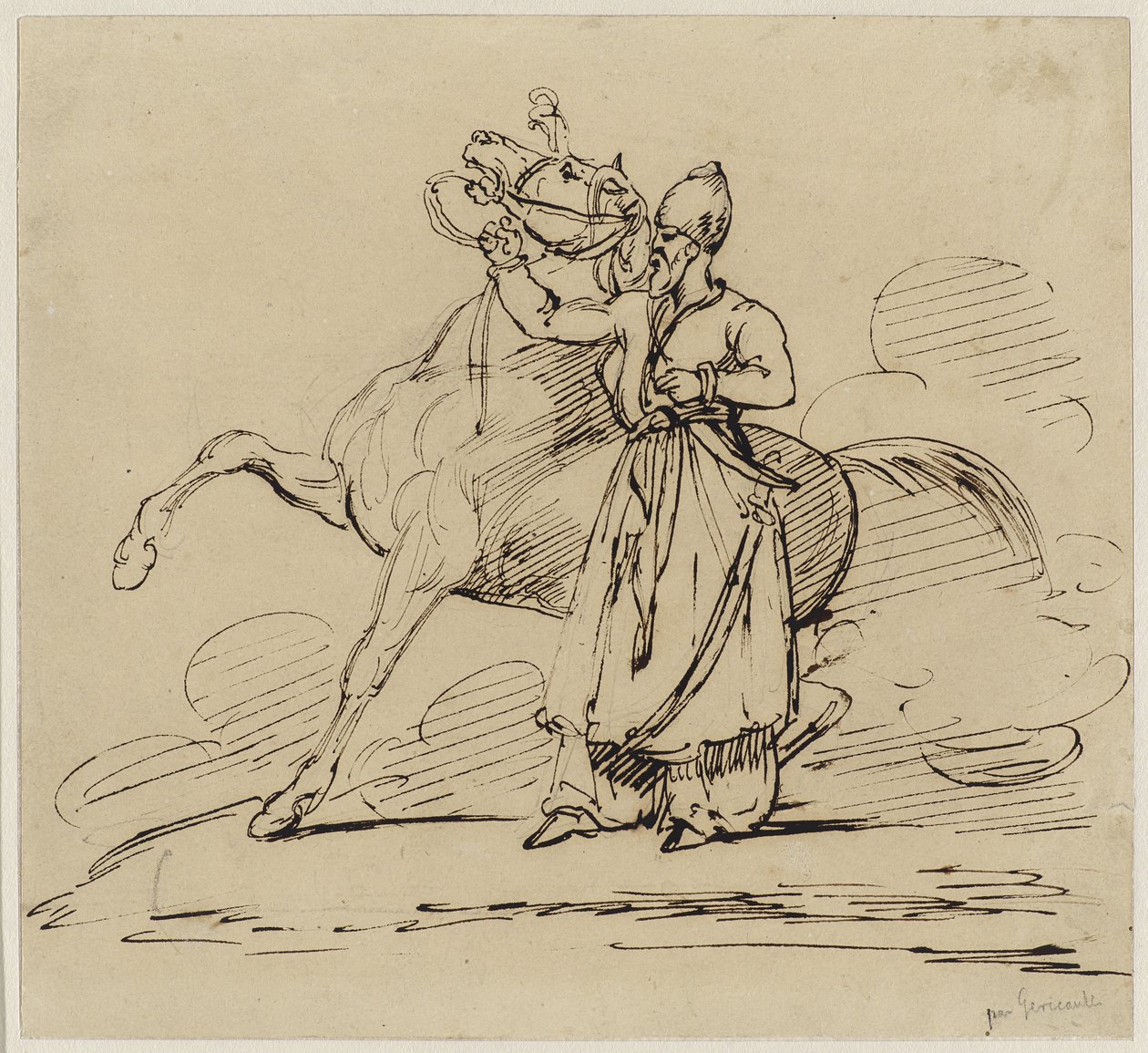 Persan tenant un cheval (Persian Holding a Horse), 1817-22 körül (toll és barna tinta grafitnyomokkal a szőtt papíron) alkotó: Theodore Gericault