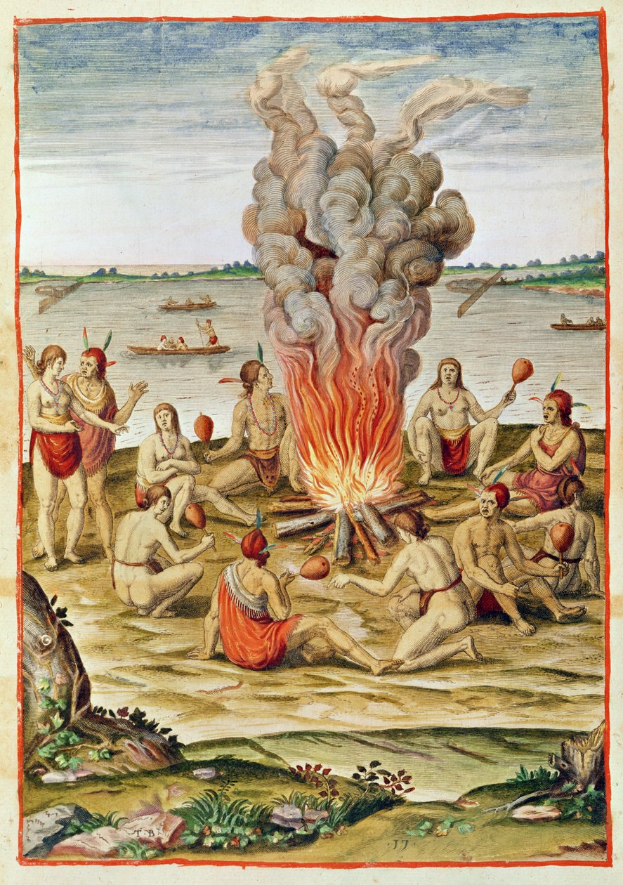 Admiranta Narratio, Egy tűz körüli győzelem ünnepe (79. oldal, 17. tábla), 1585-88 (színes metszet) alkotó: Theodore de Bry