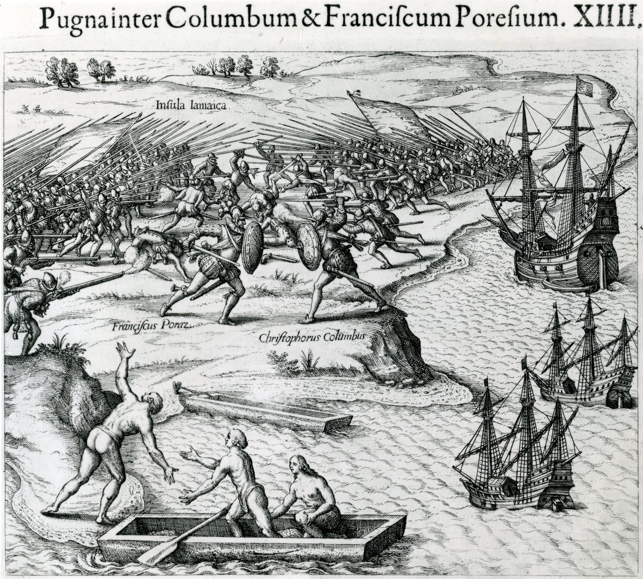 Kolumbusz Kristóf (1451-1506) és Francisco Poraz jamaicai csatája, 1504, Johann Ludwig Gottfried "Mewe Welt und Americanische Historien" című művéből, kiadó: Mattaeus Merian, Frankfurt, alkotó: Theodore de Bry