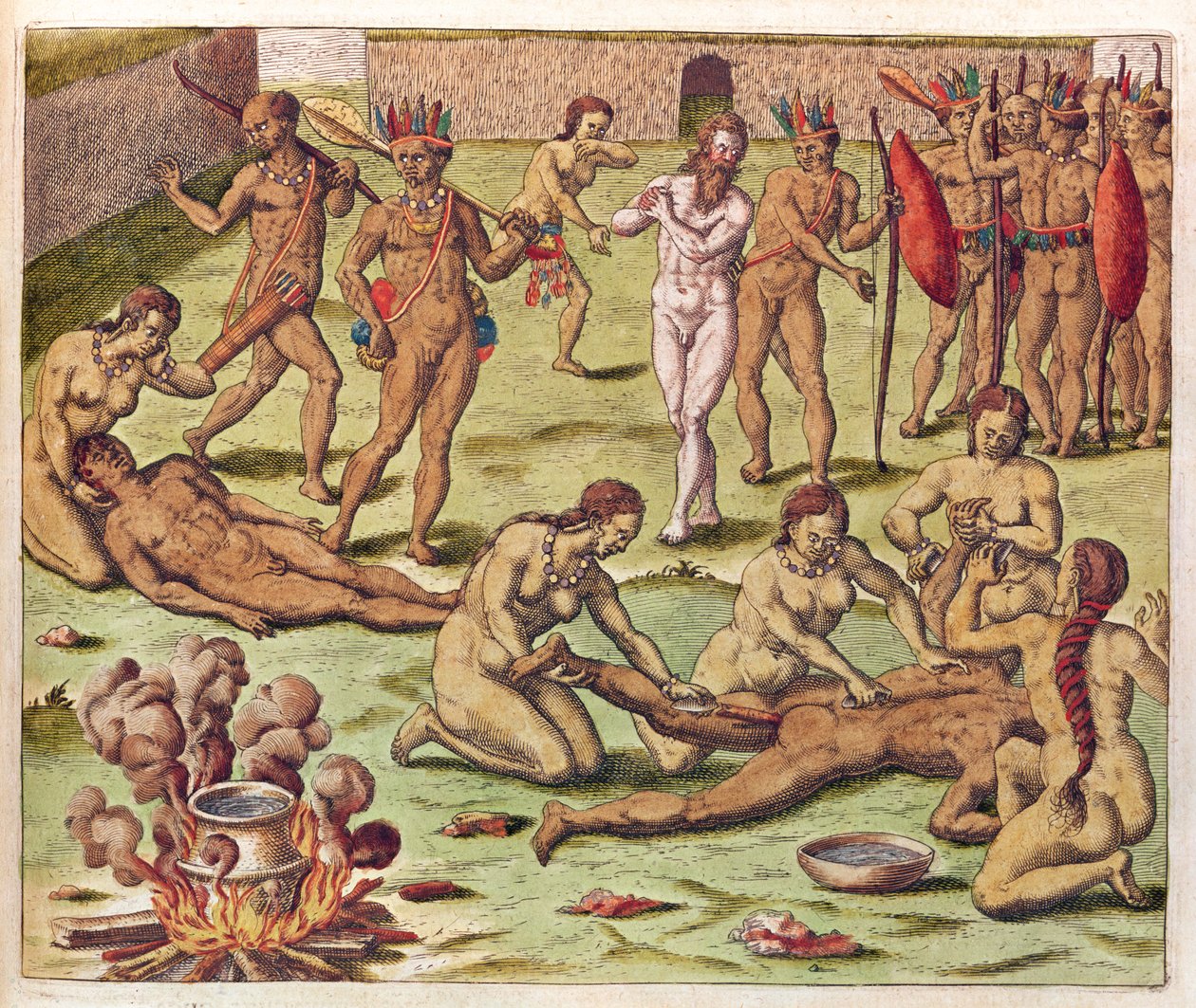 Navigáció brazil Amerikában, Egy barbár feláldozása (525. oldal), 1563 (színes metszet) alkotó: Theodore de Bry