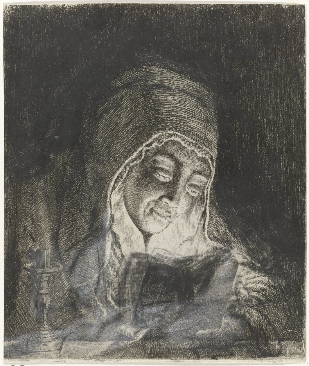 Nő olvas gyertyafénynél alkotó: Theodorus de Roode
