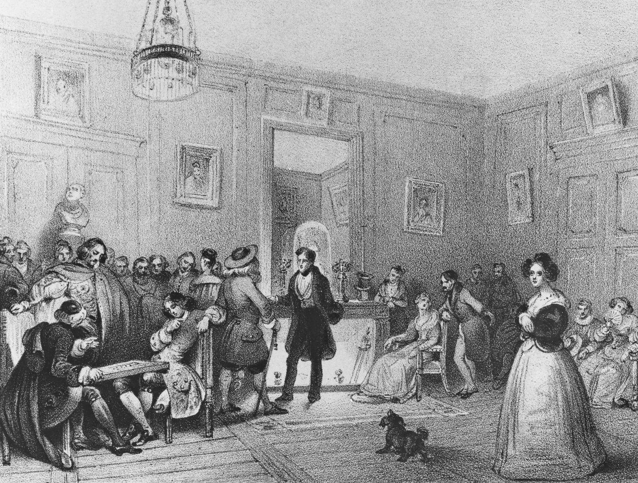 Színészelőtér a Théâtre Français-ban, Pierre Joseph Challamel metszete, 1850-es évek alkotó: Theophile Evariste Fragonard
