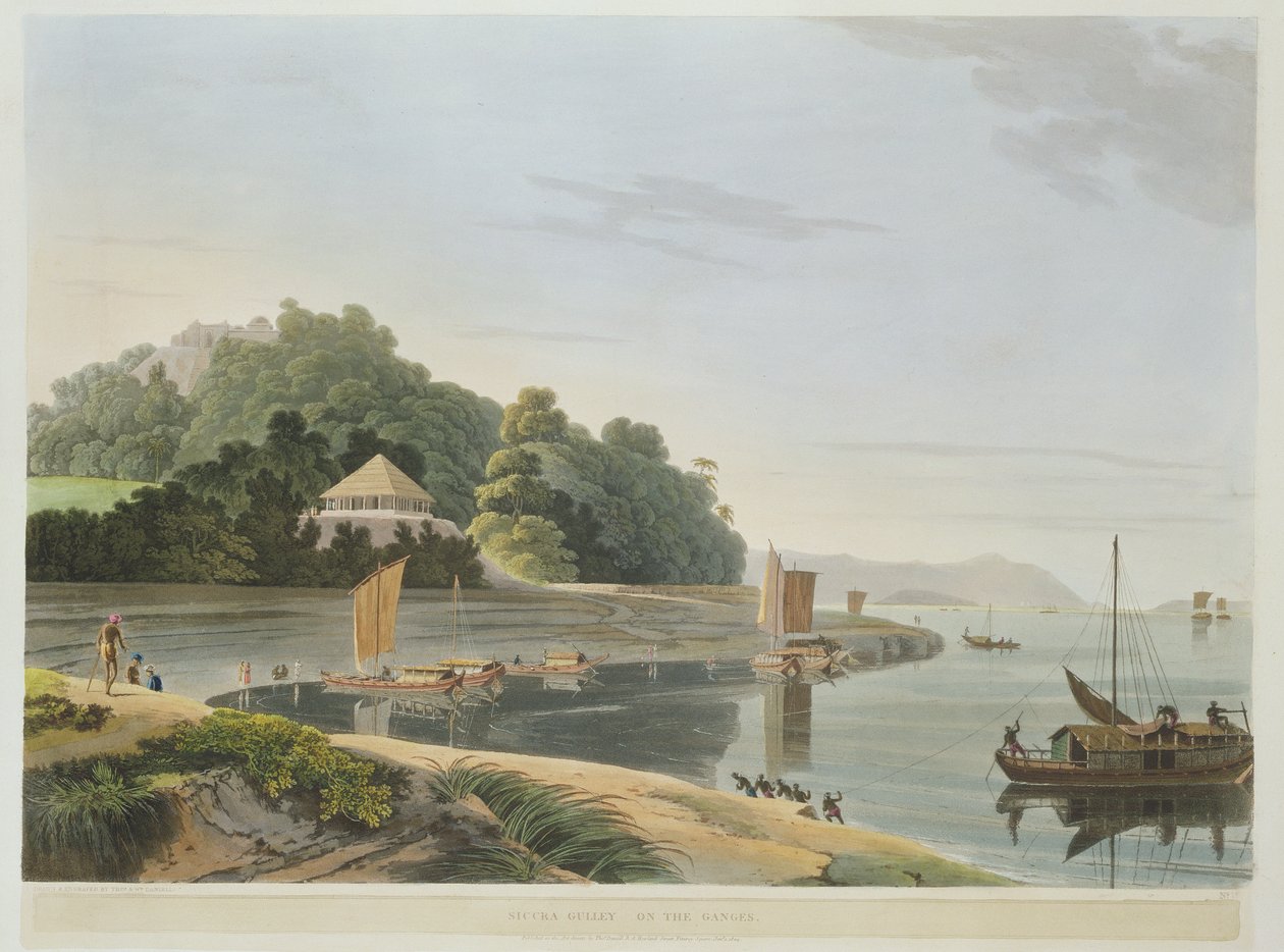 Siccra Gully a Gangesz partján, IX. tábla a "Oriental Scenery" 6. részéből, pub. 1804 (akvatinta) alkotó: Thomas und William Daniell