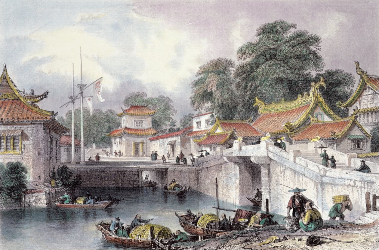 Ősi híd a folyón Chapronál, 1850 körül alkotó: Thomas Allom
