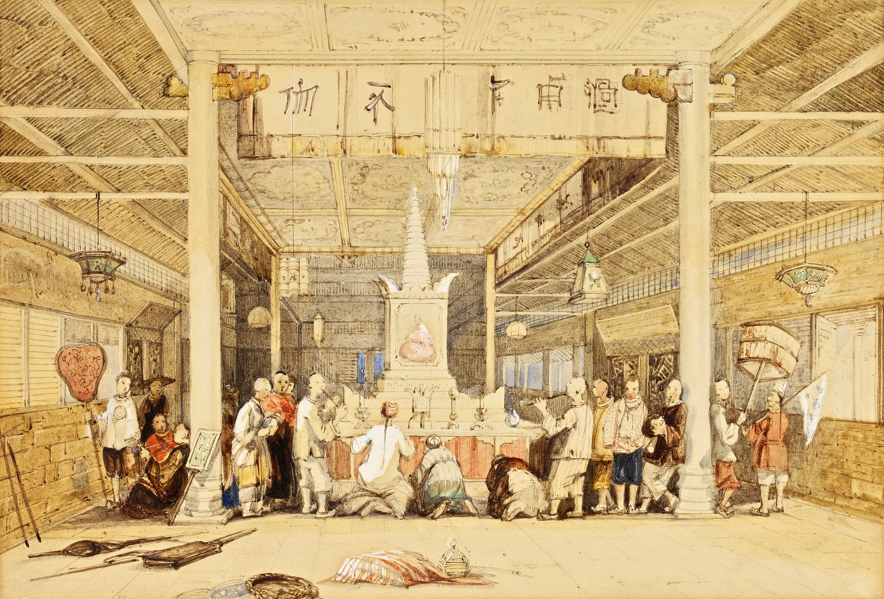 Buddha temploma, Kanton, 1850 körül (toll és tinta, ceruza, mosás, fehérrel kiemelve, papír) alkotó: Thomas Allom