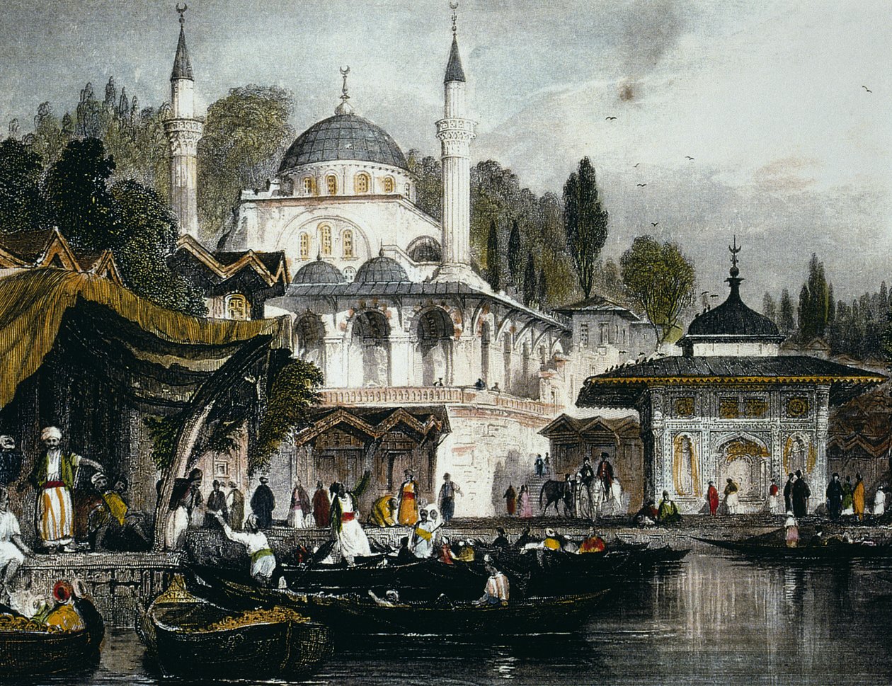 A Mihrimah Sultan mecset Uskudarban, a Boszporusz anatóliai partján, Isztambul felé néz, 1839 (színes metszet) alkotó: Thomas Allom