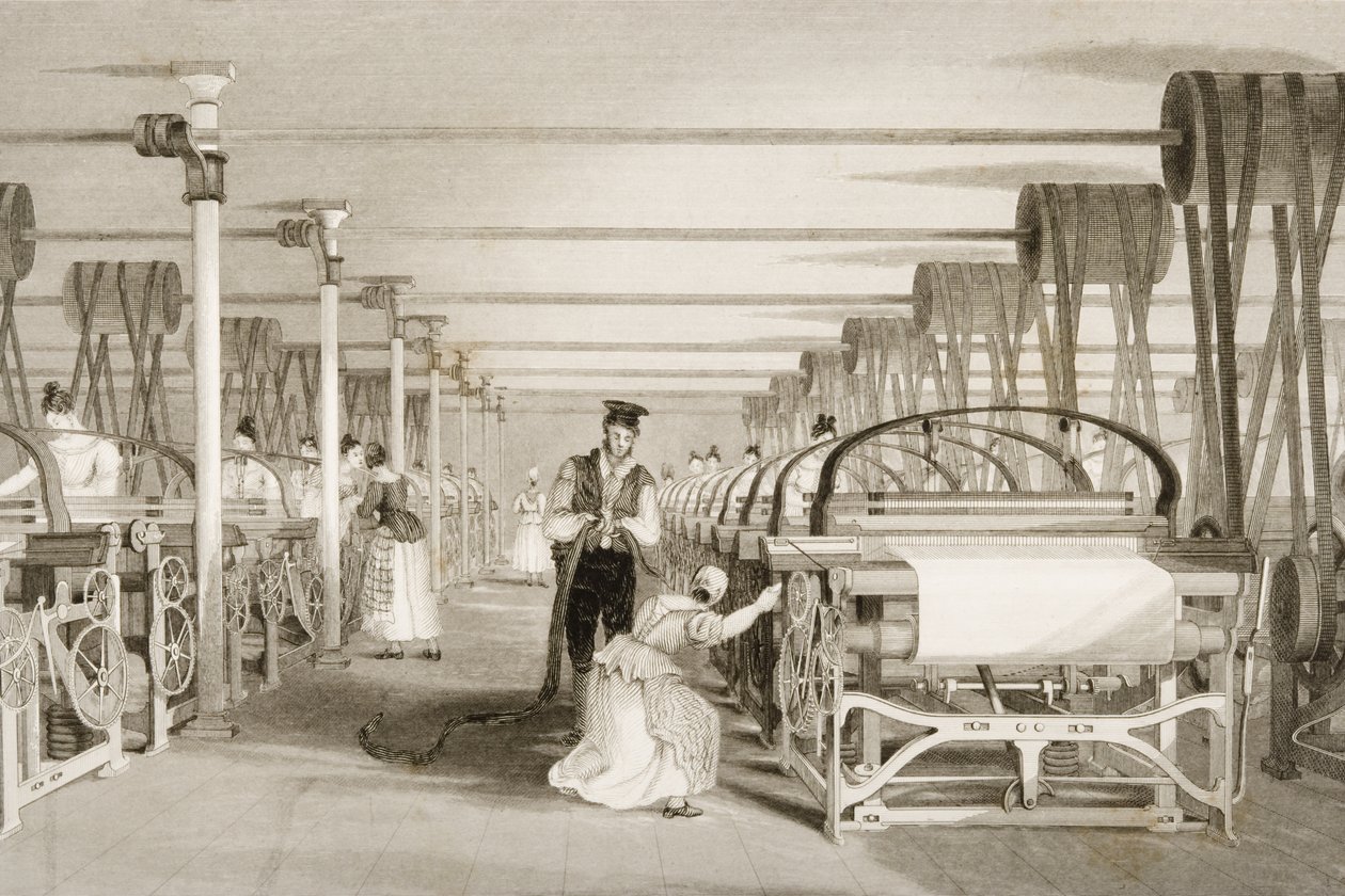 Szövés elektromos szövőszékeken, pamutgyár padlója, metszett: James Tingle (fl.1830-60) 1830 körül alkotó: Thomas Allom