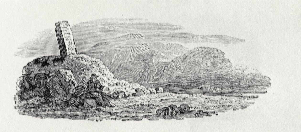 Az utazó egy mérföldkő alatt olvas (fametszet) alkotó: Thomas Bewick