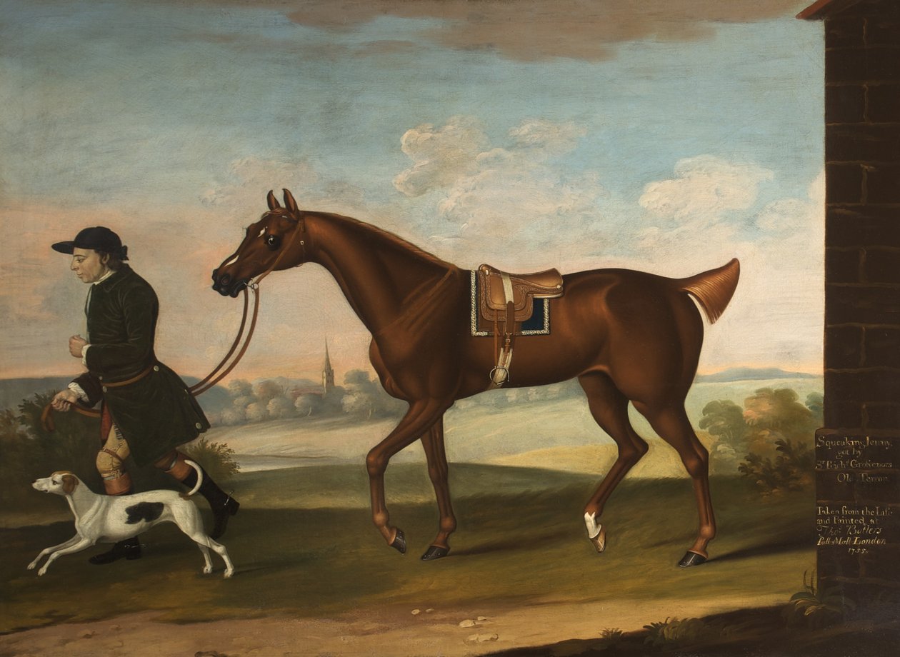 Sir Richard Grosvenors nyikorgó Jenni-t kapott Old Terror Sir P. B. Leicesters vőlegény és kopó társaságában, 1755 alkotó: Thomas, of Pall Mall Butler