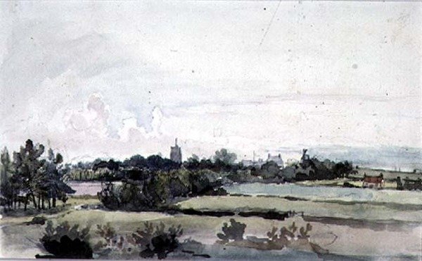 Suffolki táj, mezők, fák övével, templomtorony, házak és szélmalom alkotó: Thomas Churchyard