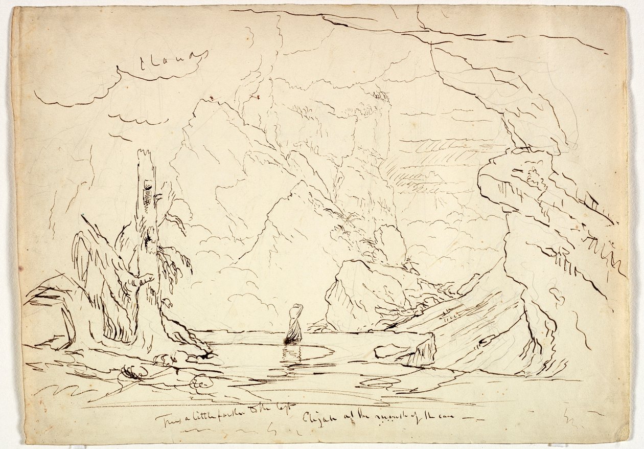 Illés a barlang szájánál, 1829 körül (toll és tinta grafit fölött a papíron) alkotó: Thomas Cole