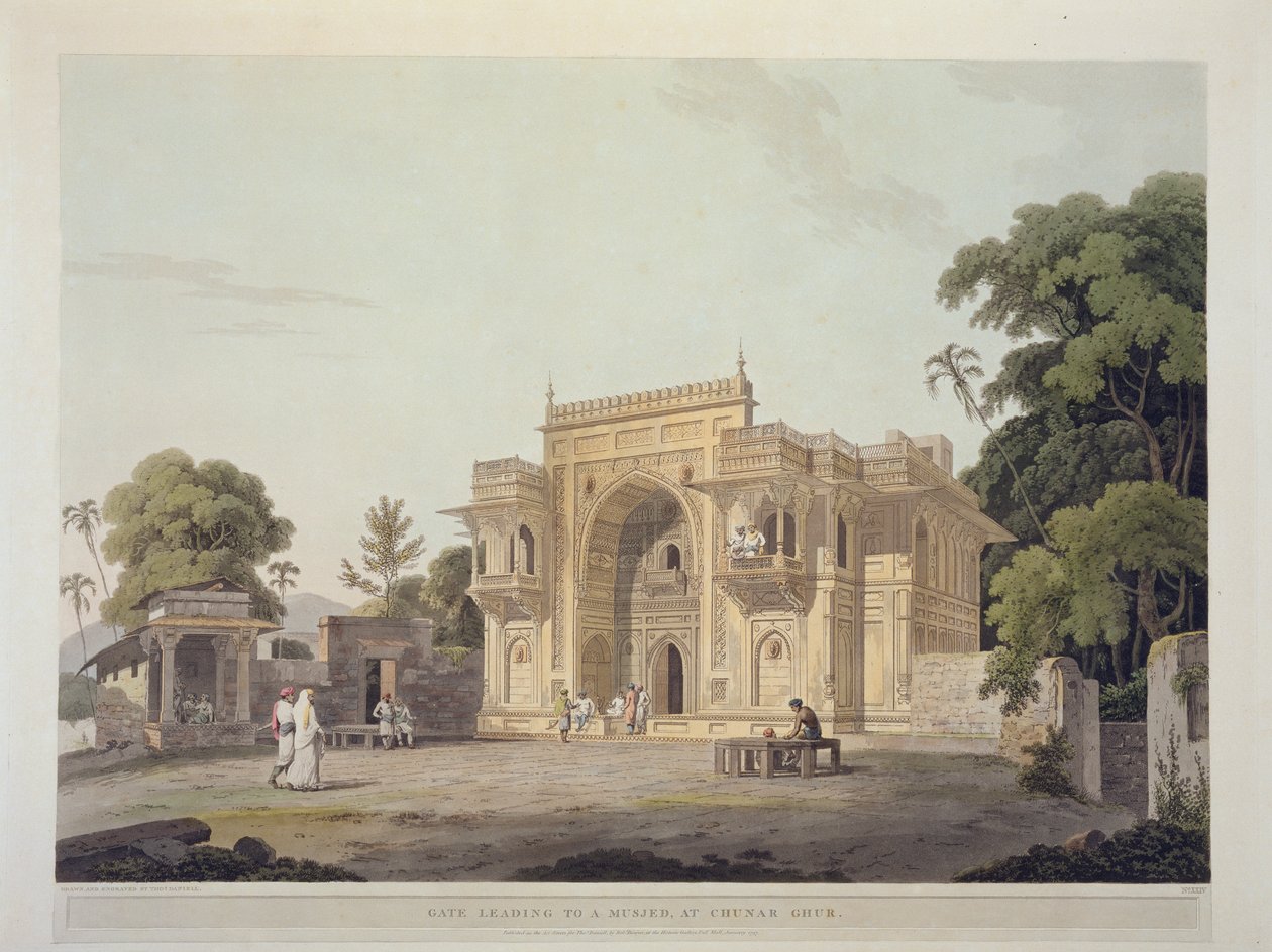 Kapu, amely egy Musjedhez vezet Chunar Ghurban, 25. tábla az 1797-ben megjelent „Keleti tájkép: Huszonnégy nézet Hindoostanban” című filmből alkotó: Thomas Daniell