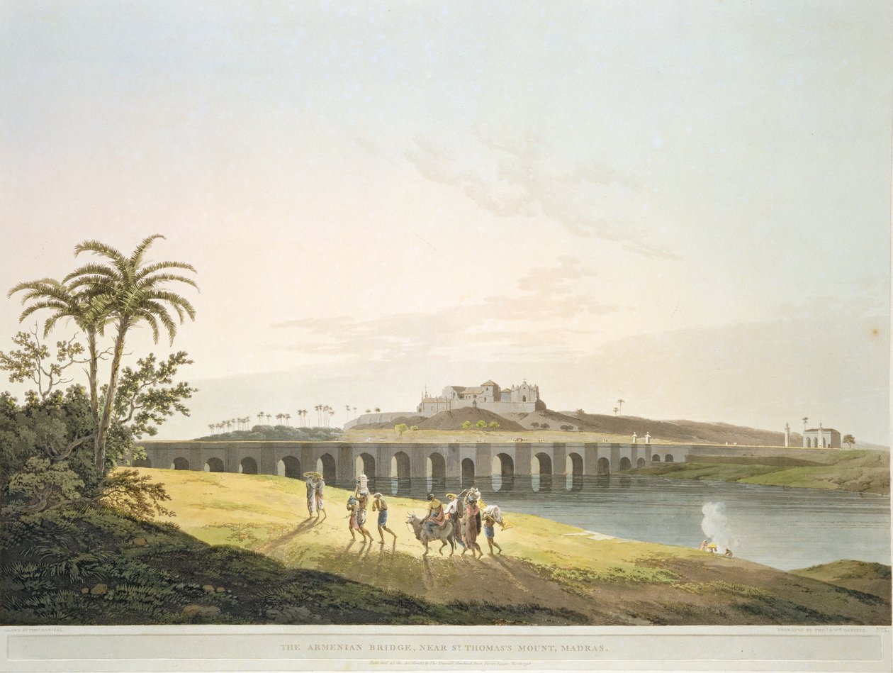 Az örmény híd, a St. Thomas-hegy közelében, Madras, 36. tábla az „Oriental Scenery: Twenty Four Views in Hindoostan” című könyvből, Thomas és William (1769-1837) Daniell metszetével, 1798-ban (lith színes) alkotó: Thomas Daniell
