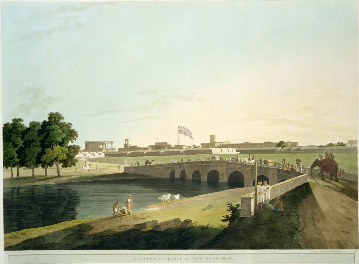 A St. George-erőd nyugati bejárata, Madras, 38. tábla az „Oriental Scenery: Twenty Four Views in Hindoostan” című filmből, Thomas és William (1769-1837) Daniell metszete, megjelent 1798 alkotó: Thomas Daniell