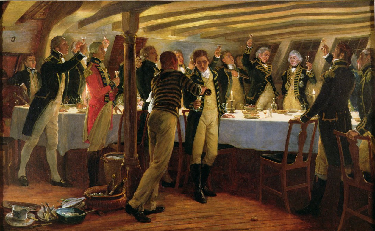 Nelson admirális tiszttársaival koccint a győzelemre a koppenhágai csata előtti éjszakán, 1801. április 1., 1898. alkotó: Thomas Davidson