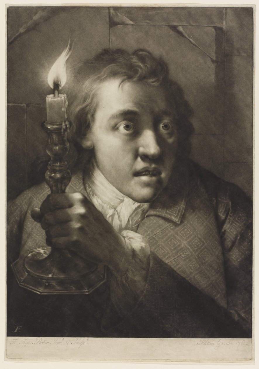 Fiatal férfi, aki gyertyát tart (mezzotint papíron) alkotó: Thomas Frye