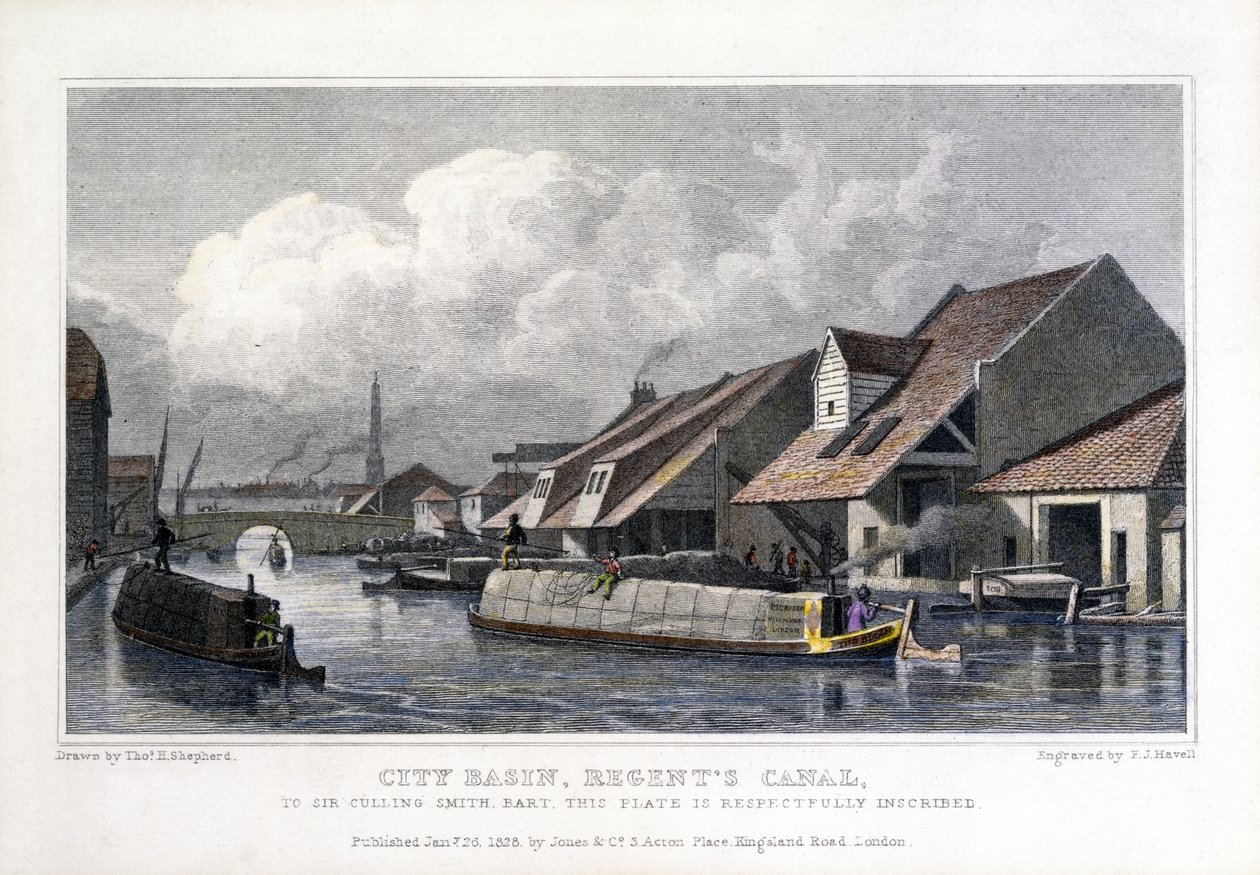 City Basin, Regents-csatorna, metszett F.J. Havell, 1827 alkotó: Thomas Hosmer after Shepherd