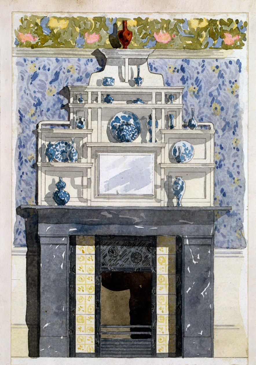 Esztétikus stílusú kandalló tükörrel és vitrines polcokkal, 1870-es évek alkotó: Thomas Jeckyll