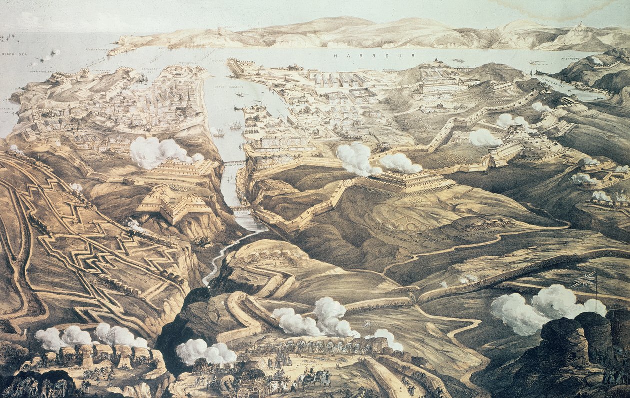 Panorámakép Sebastopol külső és belső védelméről, a szövetségesek ütegeiről, lövészárkairól és ostromműveiről a Sir J. Burcoyne, pub személyzetén dolgozó katonai mérnök vázlataiból. b alkotó: Thomas Packer