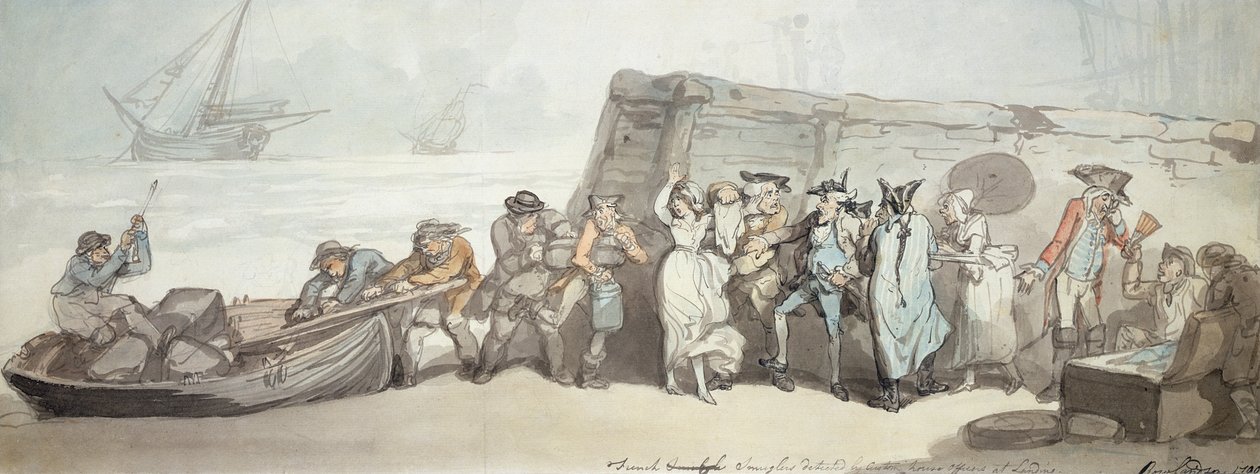 Francia csempészeket észleltek a vámtisztek Landingben, 1790 (toll és tinta, wc és tintamosás papíron) alkotó: Thomas Rowlandson