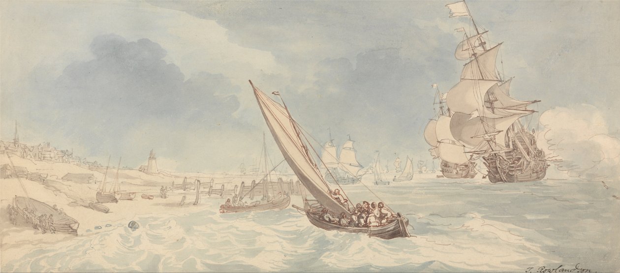 Háborús férfiak és vitorlás hajók a part közelében alkotó: Thomas Rowlandson